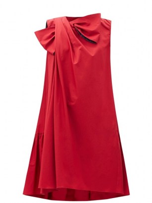 ROKSANDA Selena bow appliqué draped cotton-poplin dress ~ red drape design dresses ~ clothing with volume - flipped