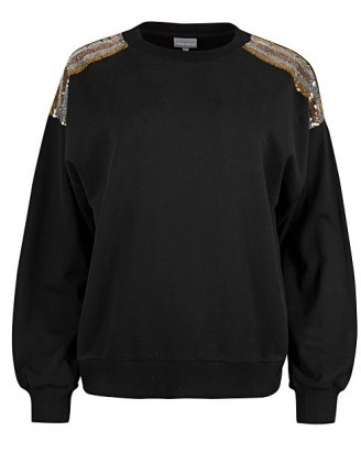 OLIVER BONAS Sequin Striped Shoulder Black Sweatshirt / sparkling embellished sweatshirts - flipped