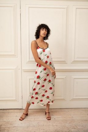 YOLKE Orange Print Silk Slip Dress Ivory – fruit print cami dresses – nightwear