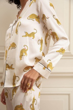 YOLKE Prowling Leopard Silk Pyjama Set – wild animal prints – pyjamas – nightwear sets - flipped