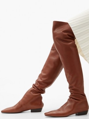 THE ROW Slouch over-the-knee leather boots | brown slouchy winter boots | ruched design footwear - flipped