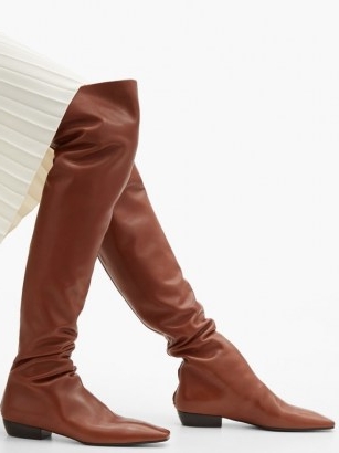 THE ROW Slouch over-the-knee leather boots | brown slouchy winter boots | ruched design footwear