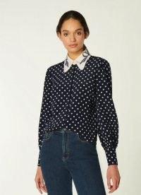 L.K. BENNETT SONYA NAVY & CREAM SPOT PRINT SILK BLOUSE / blue polks dot blouses
