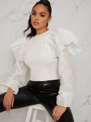 Chi Chi Amy Jumper – white extreme ruffle sleeve jumpers – balloon sleeves - flipped