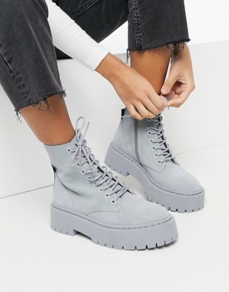 Steve Madden Skylar chunky lace up boots in grey suede - flipped