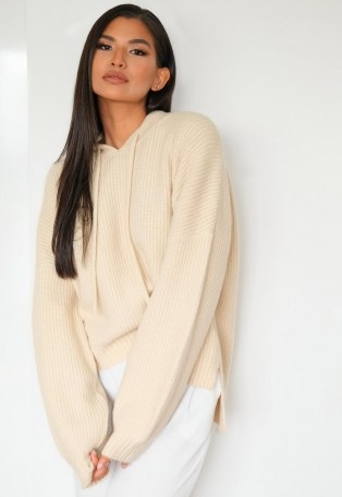 Missguided tall premium sand co ord knitted boyfriend hoodie | pullover drawstring hoodies - flipped