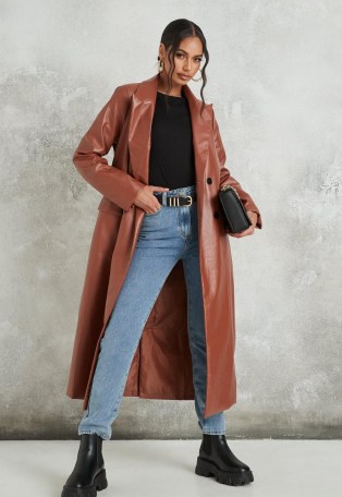 MISSGUIDED tan faux leather formal jacket ~ brown longline jackets - flipped