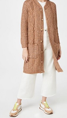 THE GREAT. The Long Cable Cardigan in Caramel Marl - flipped