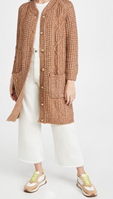 THE GREAT. The Long Cable Cardigan in Caramel Marl