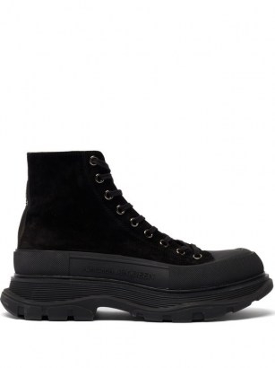 ALEXANDER MCQUEEN Tread Slick exaggerated-sole suede boots / black lace up thick sole boot - flipped
