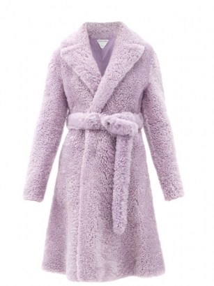 BOTTEGA VENETA Triangle-stitched belted shearling coat ~ purple textured winter coats ~ luxe outerwear