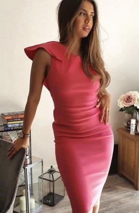 Vesper Akira Fiesta Pink one shoulder pencil dress – fitted going out dresses – asymmetric neckline - flipped