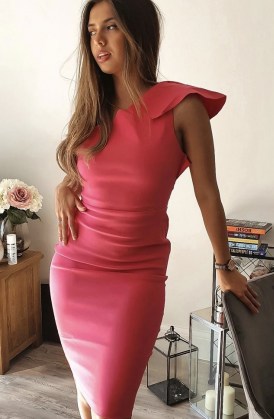 Vesper Akira Fiesta Pink one shoulder pencil dress – fitted going out dresses – asymmetric neckline