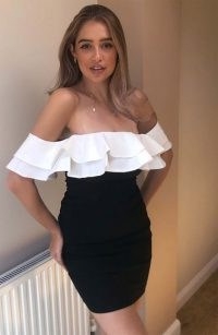 Vesper Alessandra Monochrome Double Frill Bardot Pencil Dress ~ ruffled off the shoulder dresses