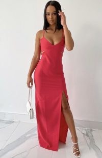 Vesper Becky cerise Maxi dress with cut out details – long side split going out dresses