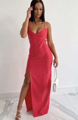 Vesper Becky cerise Maxi dress with cut out details – long side split going out dresses - flipped