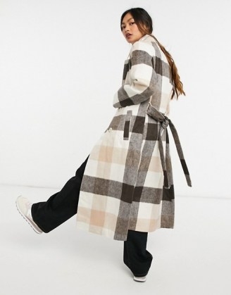 Vila longline wool coat with tie waist in check / checked coats - flipped