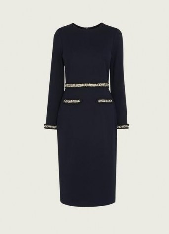 L.K. BENNETT VINNIE NAVY JERSEY TWEED TRIM SHIFT DRESS ~ classic blue dresses - flipped