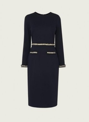 L.K. BENNETT VINNIE NAVY JERSEY TWEED TRIM SHIFT DRESS ~ classic blue dresses