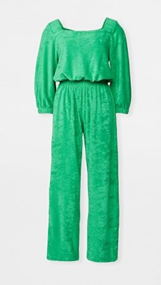 Warm Fun Funsie Jumpsuit in Emerald ~ green terry square neck jumpsuits - flipped
