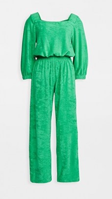 Warm Fun Funsie Jumpsuit in Emerald ~ green terry square neck jumpsuits