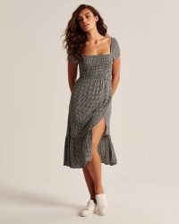 Abercrombie and Fitch Babydoll Midi Dress Black Check | checked thigh high split dresses