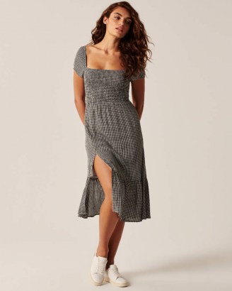 Abercrombie and Fitch Babydoll Midi Dress Black Check | checked thigh high split dresses - flipped