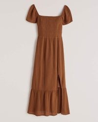 Abercrombie & Fitch Babydoll Midi Dress Orange Spice | thigh high slit smocked dresses