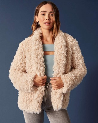 Abercrombie & Fitch Faux Fur Coat in Cream ~ textured winter coats - flipped