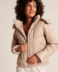 Abercrombie & Fitch Vegan Leather Hooded Mini Puffer ~ tan faux leather padded jackets