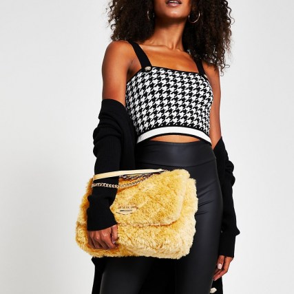 RIVER ISLAND Yellow faux fur quilted shoulder bag – fluffy handbags – textured flap bags