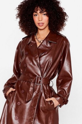 You Faux Leather Know Belted Trench Coat ~ brown double breasted coats