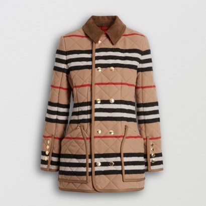 BURBERRY Icon Stripe Diamond Quilted Wool Riding Jacket ~ classic country style jackets - flipped