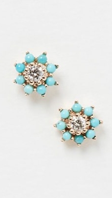 Adina Reyter Tiny Turquoise and Diamond Flower Earrings / small blue stone floral studs