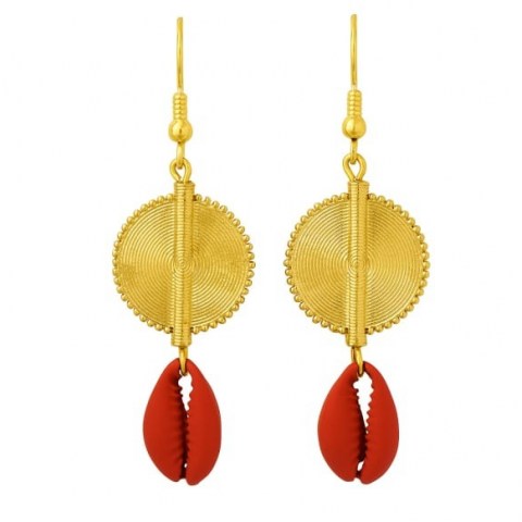 Aflé Bijoux Akan Cowrie Shells Earrings Red / shell drops / ocean inspired jewellery - flipped