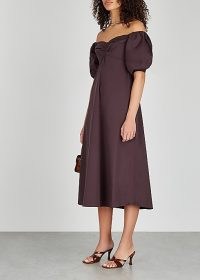 A.L.C. Lisbeth dark brown off-the-shoulder midi dress ~ puff sleeve bardot dresses