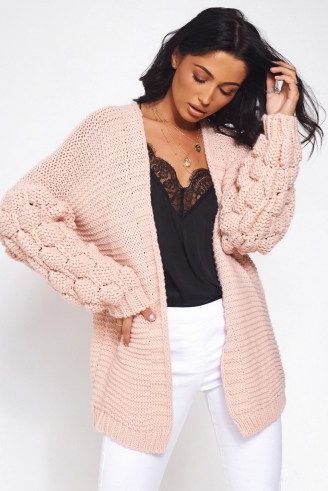 The Fashion Bible ALESSA CHUNKY KNIT NUDE POM SLEEVE CARDIGAN | pink textured open front cardigans | feminine knits