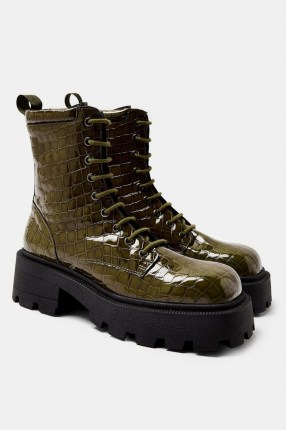 TOPSHOP ALI Khaki Square Toe Leather Chunky Lace Up Crocodile Boots ~ green croc effect footwear - flipped