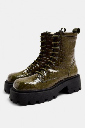 TOPSHOP ALI Khaki Square Toe Leather Chunky Lace Up Crocodile Boots ~ green croc effect footwear