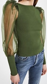 alice + olivia Abella Puff Sleeve Sweater Army Green ~ voluminous sheer sleeved tops