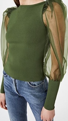 alice + olivia Abella Puff Sleeve Sweater Army Green ~ voluminous sheer sleeved tops - flipped