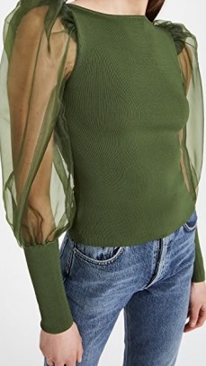 alice + olivia Abella Puff Sleeve Sweater Army Green ~ voluminous sheer sleeved tops