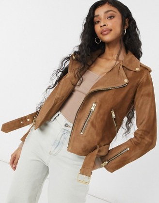AllSaints Balfern leather biker jacket in tan suede ~ light brown zip detail jackets - flipped