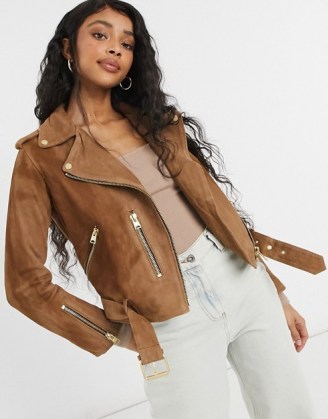 AllSaints Balfern leather biker jacket in tan suede ~ light brown zip detail jackets