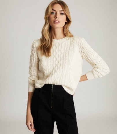REISS AMELIE CABLE KNIT JUMPER CREAM / textured knitwear - flipped