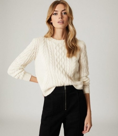 REISS AMELIE CABLE KNIT JUMPER CREAM / textured knitwear