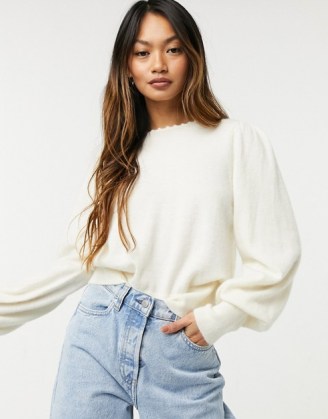 & Other Stories knitted jumper with puff sleeves in off white ~ cosy crew neck jumpers - flipped