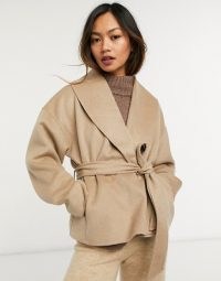 & Other Stories recycled wool cropped tie waist jacket in camel ~ crop hem wrap jackets