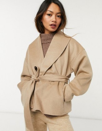 & Other Stories recycled wool cropped tie waist jacket in camel ~ crop hem wrap jackets - flipped