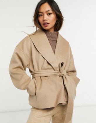 & Other Stories recycled wool cropped tie waist jacket in camel ~ crop hem wrap jackets